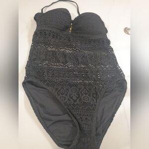 Lauren Ralph Lauren Black Crochet One-Piece Swimsuit Sz 10 Detachable Straps